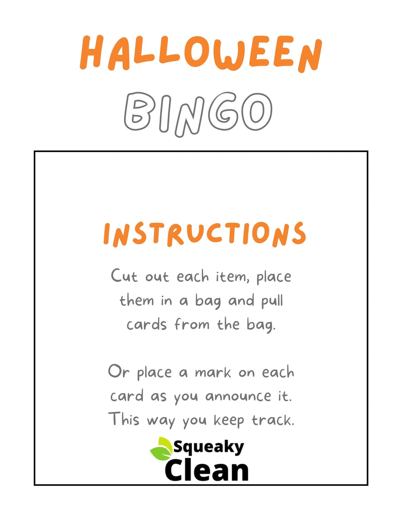 FREE HALLOWEEN BINGO GAME Squeaky Clean Inc 